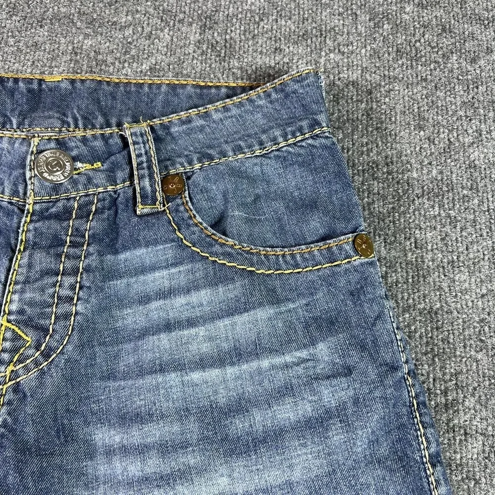True Religion Bermuda Short Men's 30 Blue Cotton Denim Frayed-Hem Faded Workwear